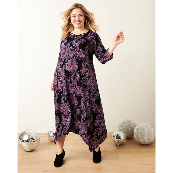 Anywear by‎ Catherines Keyhole Midi Dress Size 2X Shark Bite Hem Purple Paisley - Picture 1 of 9